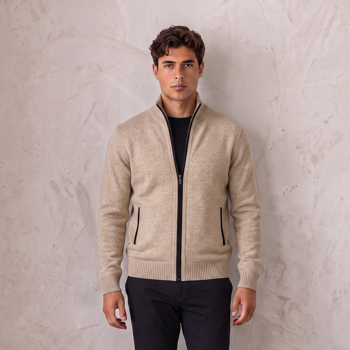 Wool-blend knit zip jacket for men with full-length zipper and stand-up collar