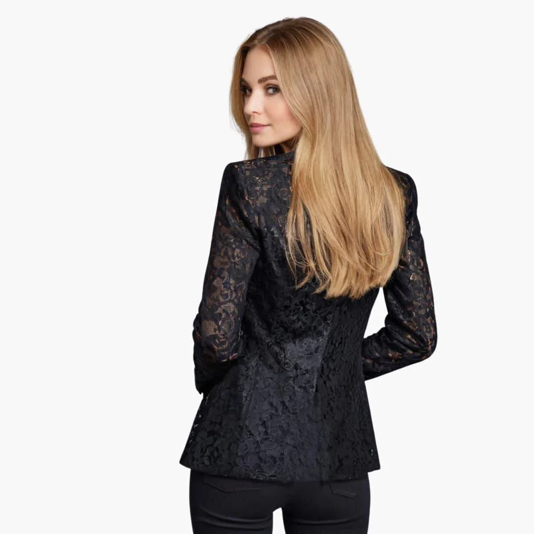 Blazer ajusté en dentelle transparente à motif floral, col cranté, manches longues