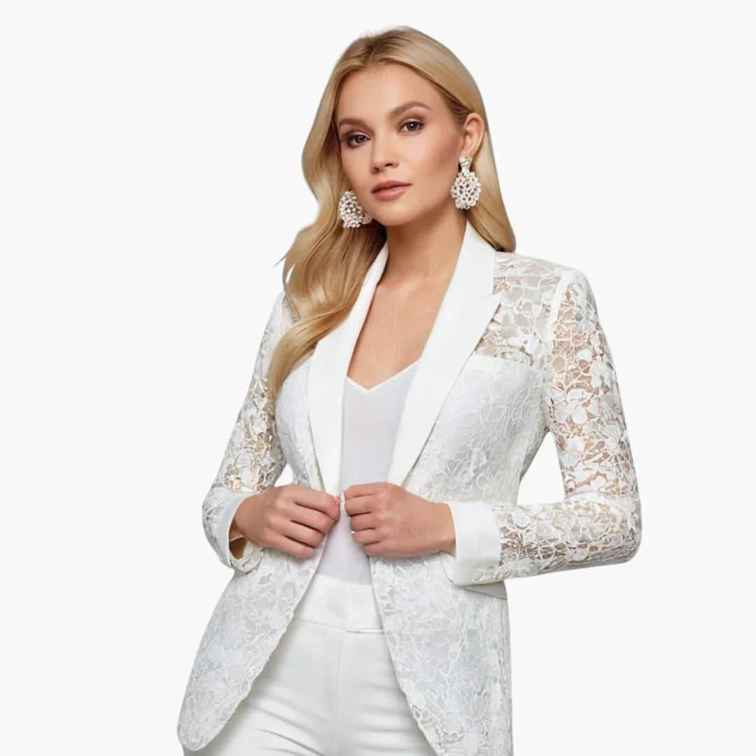 Blazer en dentelle florale semi-transparente, coupe ajustée, col à revers, femme