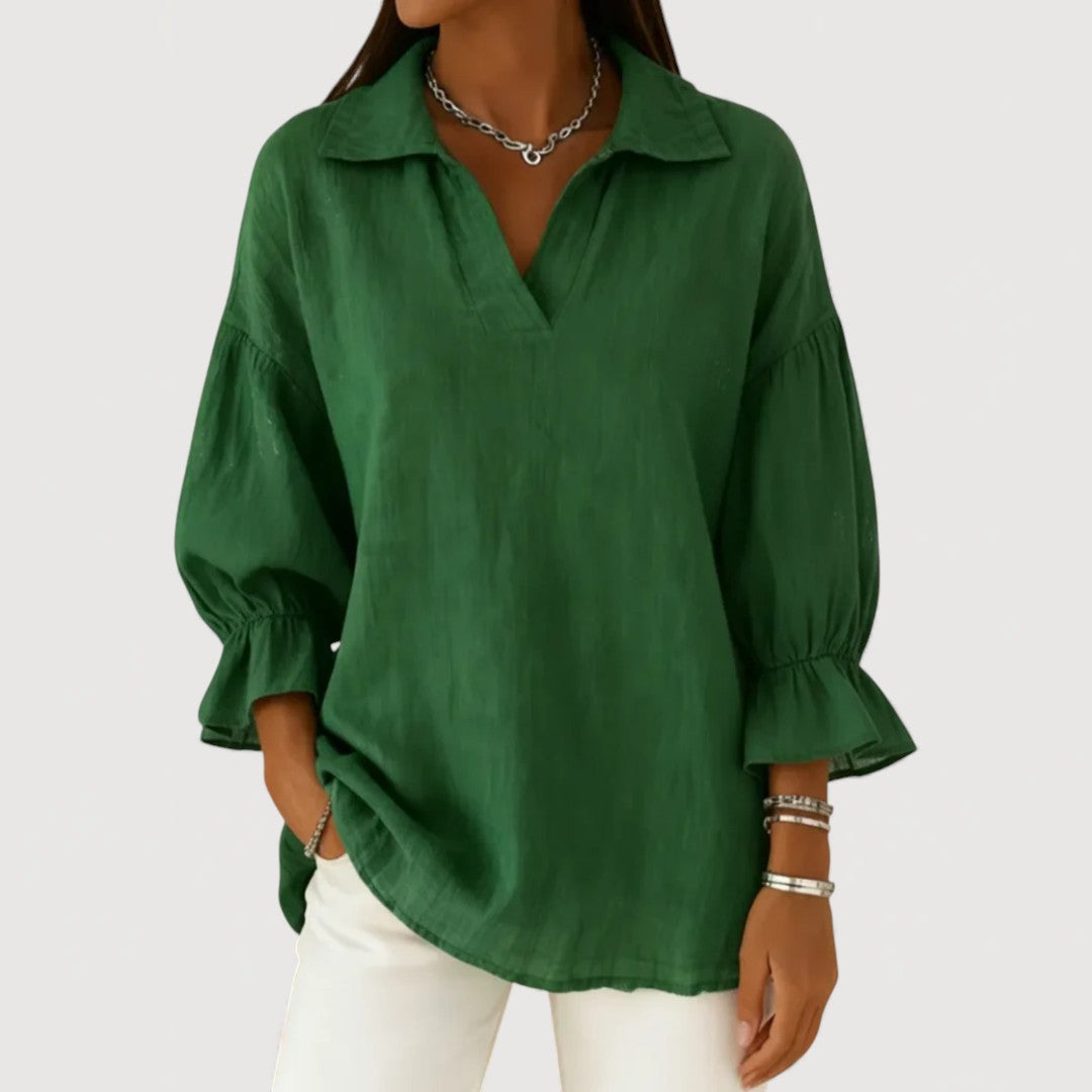 Blouse légère à col en V ouvert, manches longues, coupe décontractée, femme