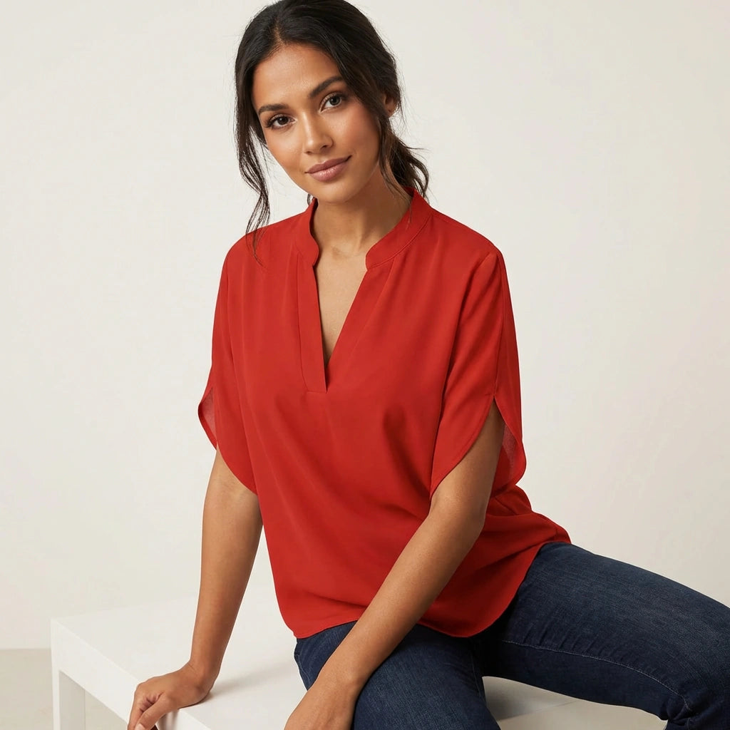 Blouse légère col en V à manches courtes, coupe ample et ourlet droit femme