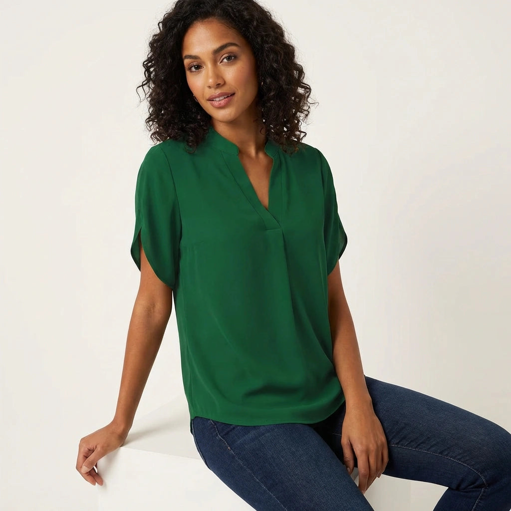 Blouse fluide col en V, manches courtes à fente, tissu léger femme