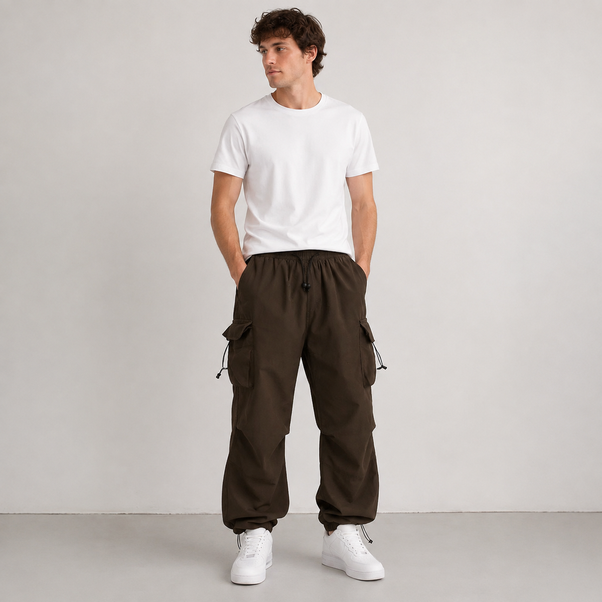 Men's relaxed cargo pants with elastic waist, drawstring, and cargo pockets with flaps