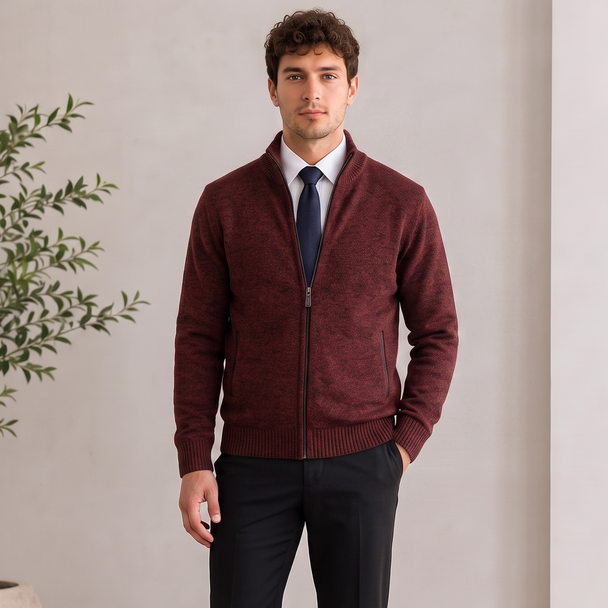 Textured Knit Jacket Zip Front Men