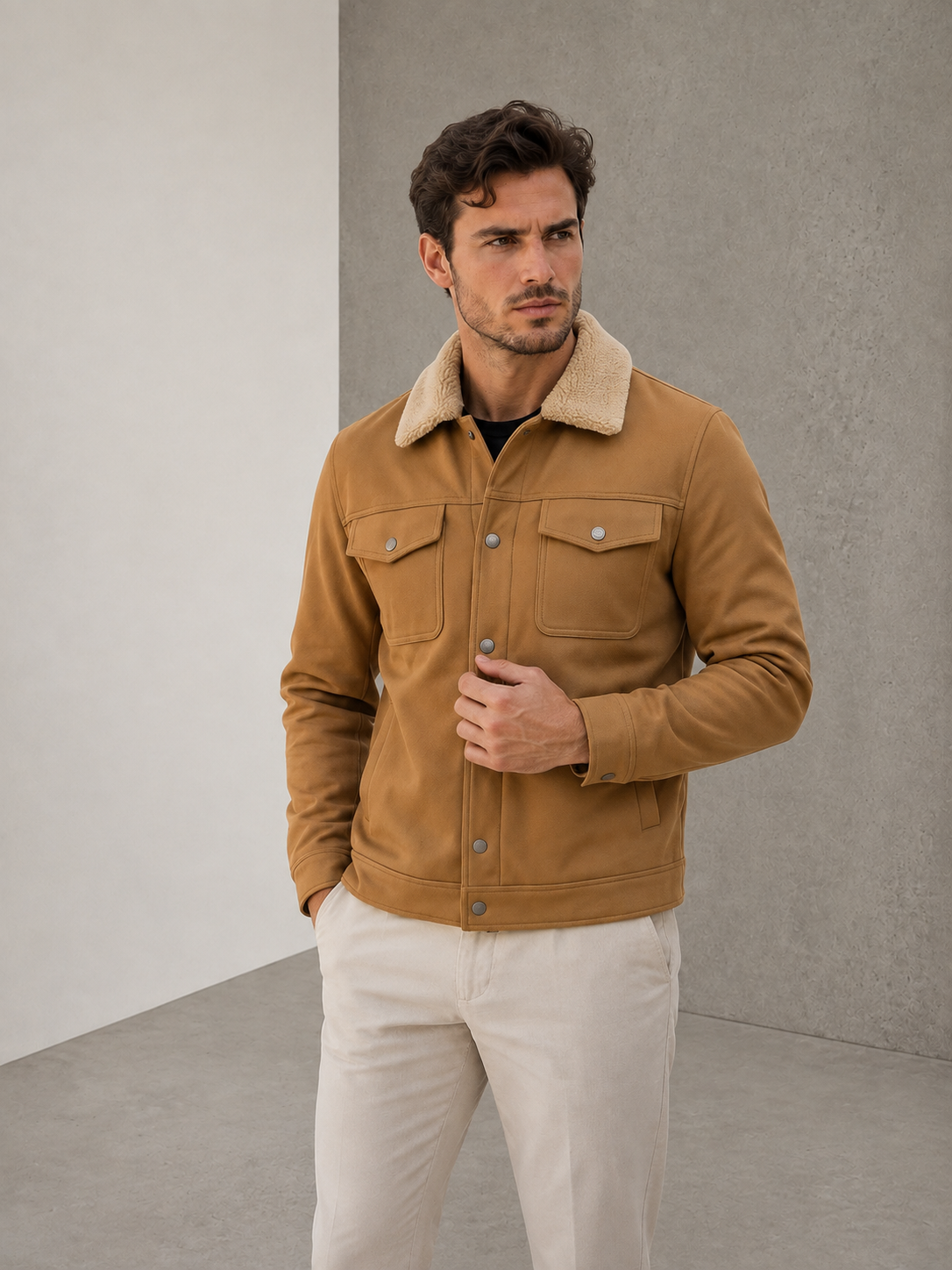 Men's button-up jacket with shearling-look lined collar, buttoned cuffs, and chest flap pockets
