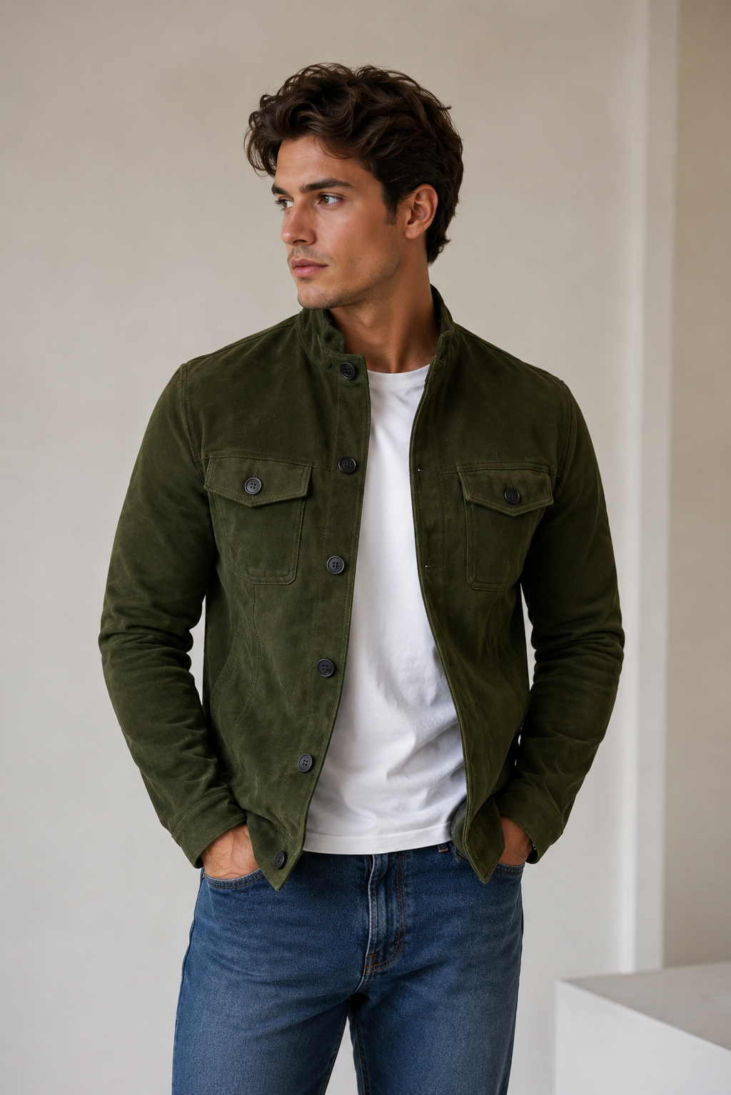Men's suede jacket with button closure, stand-up collar, and chest flap pockets