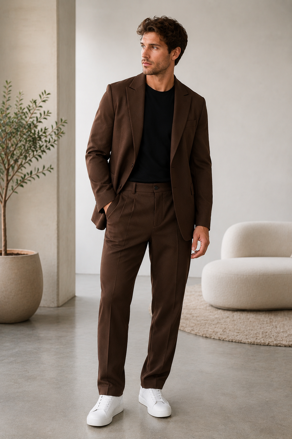 Men's structured two-piece suit set with hip-length blazer and full-length relaxed trousers