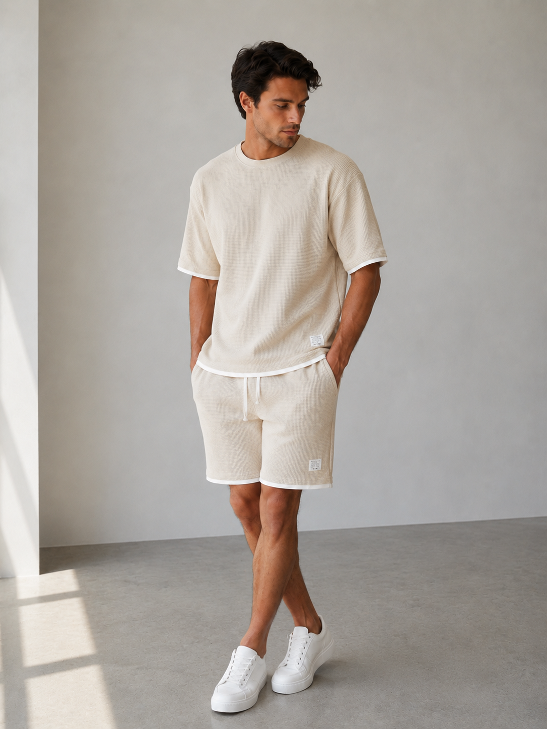 Men's relaxed fit t-shirt and straight-fit shorts set in structured fabric with minimalist design