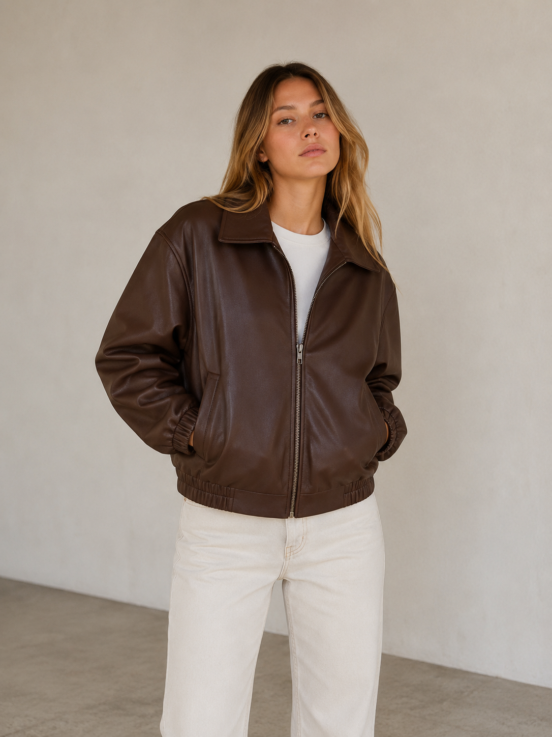 Women's faux leather bomber jacket with front zipper, wide collar, and elastic cuffs