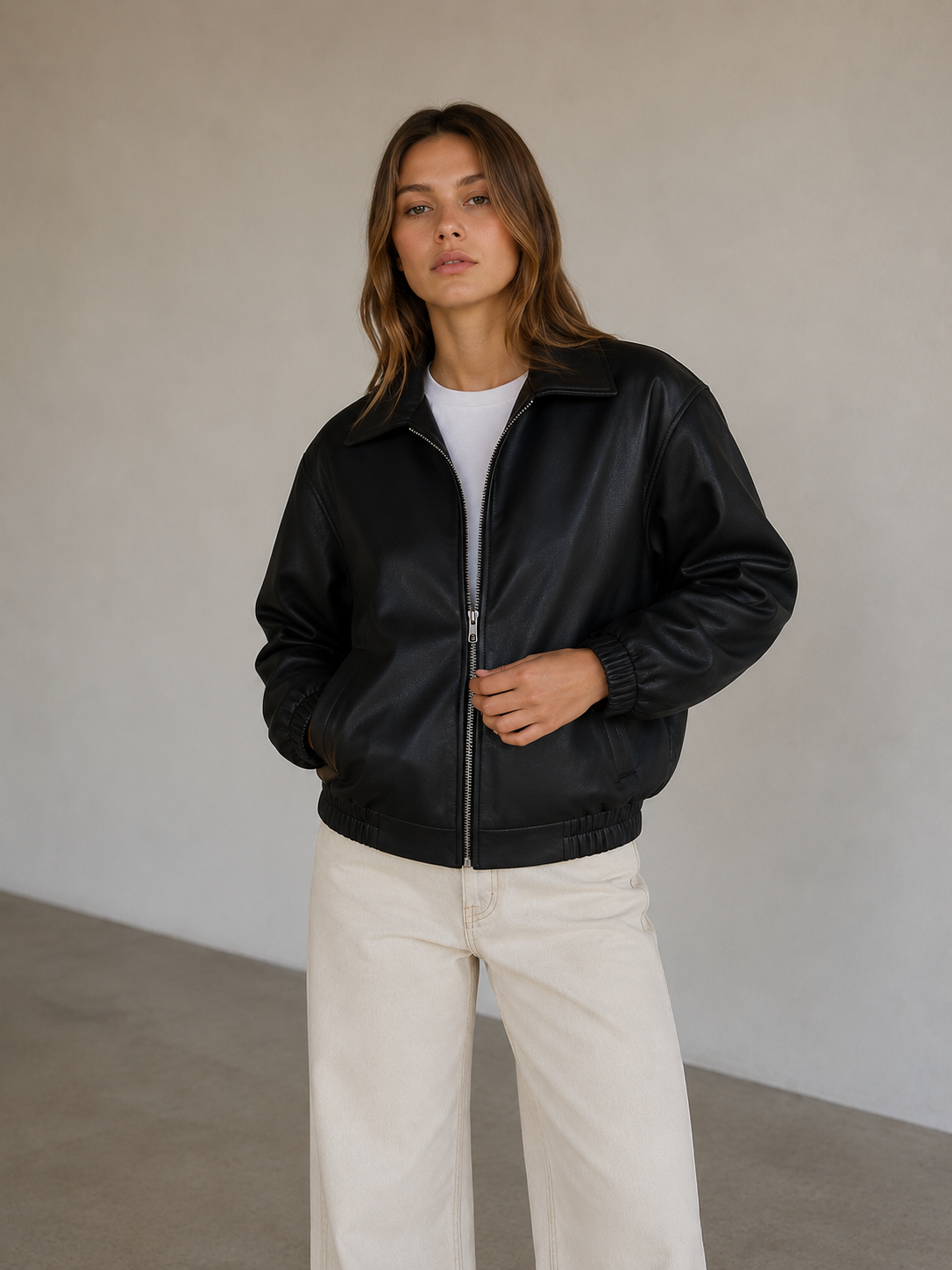 Faux leather women's bomber jacket with elastic hem, side pockets, and relaxed oversized fit