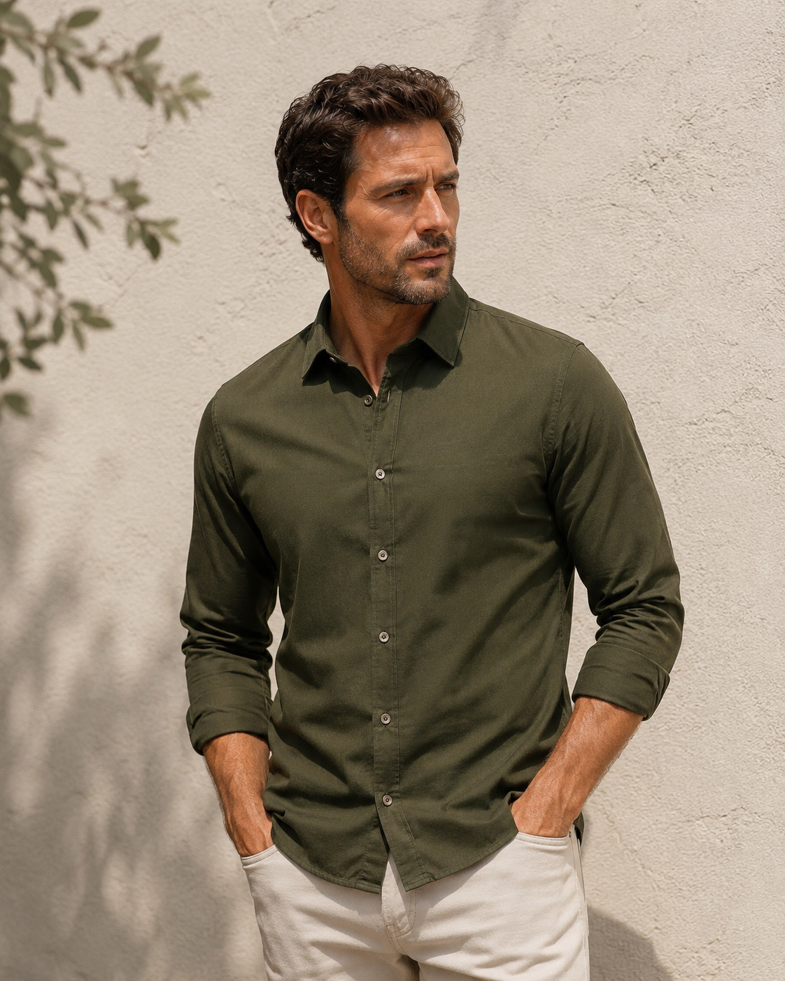 Men's slim fit long sleeve button-up shirt with pointed collar and front button closure