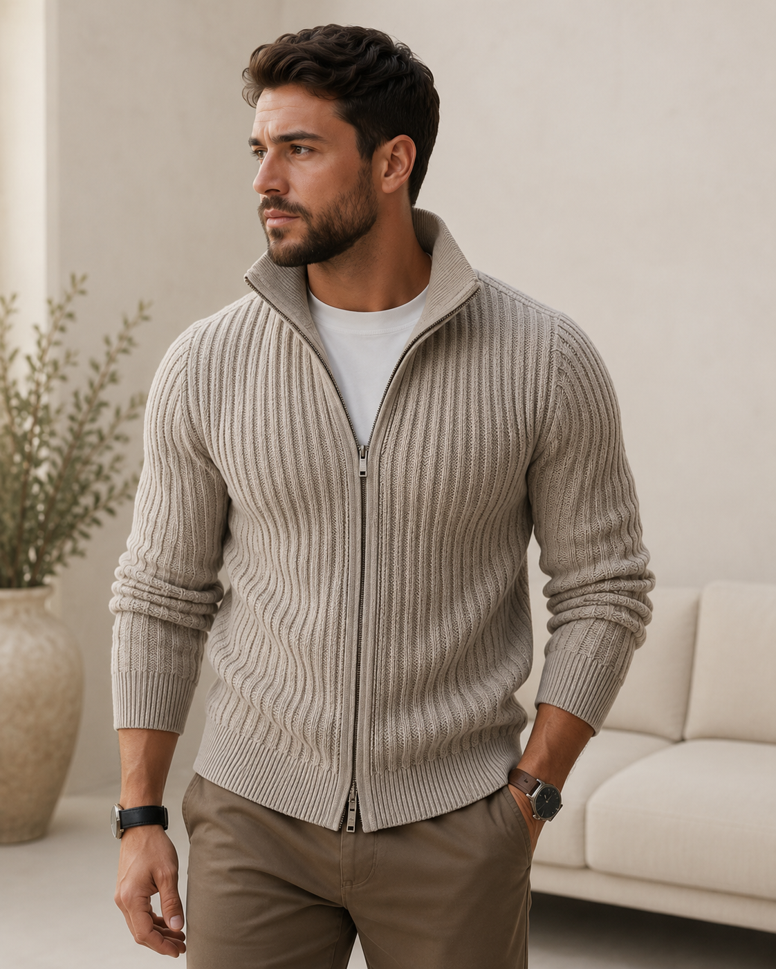 Men's rib-knit full-zip jacket with high collar, three-quarter view