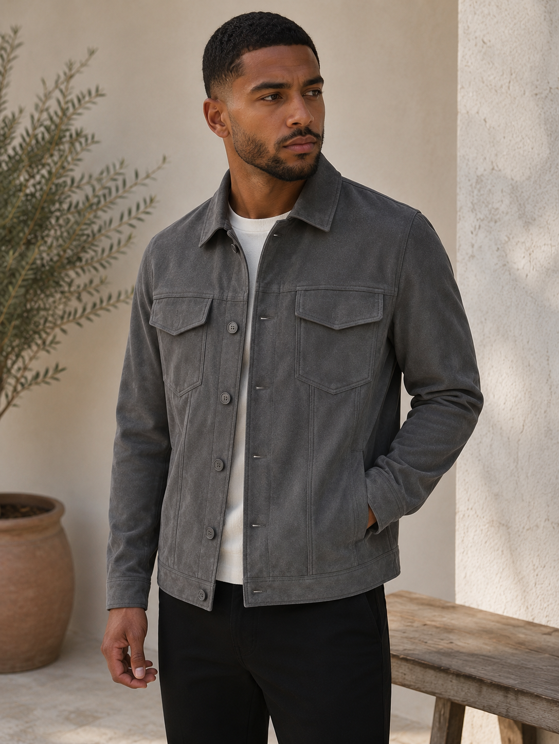 Men's Structured Utility Jacket with classic collar, button fastening, and chest pocket flaps