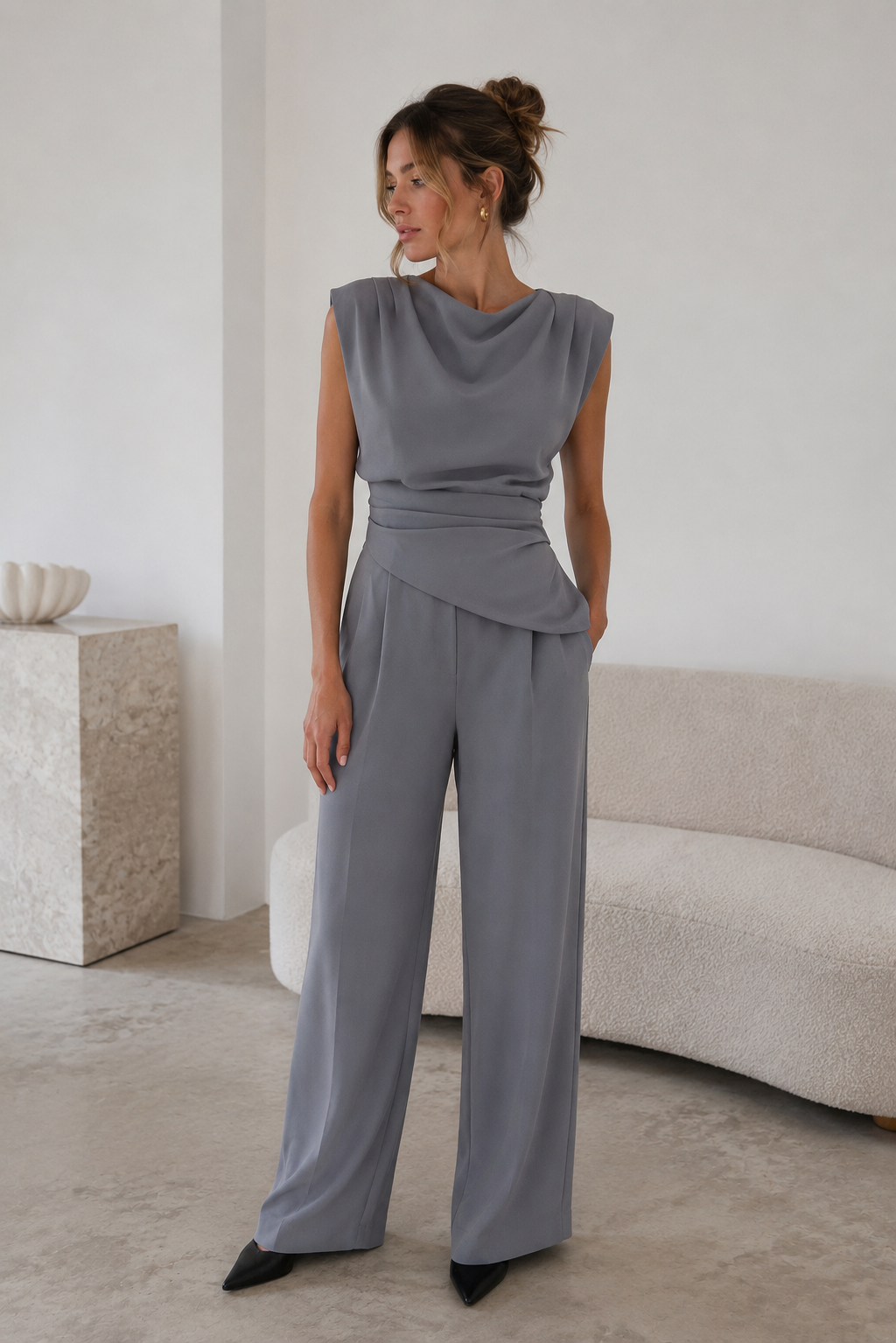 Women's relaxed-fit two-piece set with sleeveless draped top and full-length wide-leg trousers