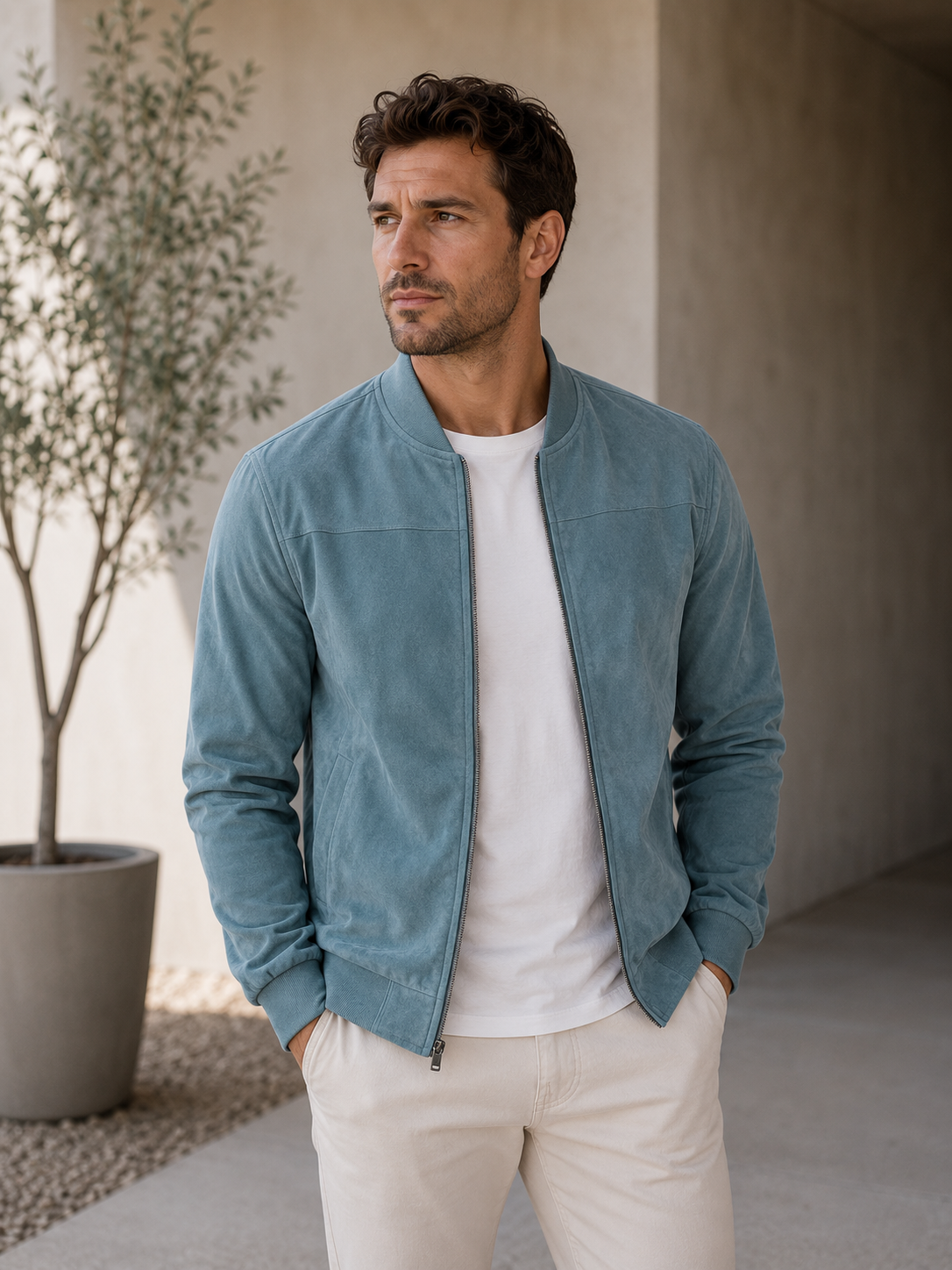 Men's suede bomber jacket with front zipper closure and ribbed cuffs and hem