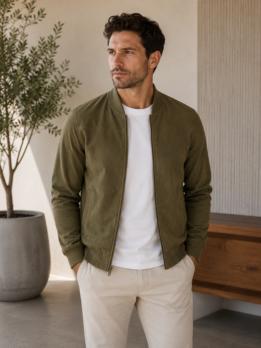 Suede-like men's bomber jacket featuring a stand-up collar and long sleeves