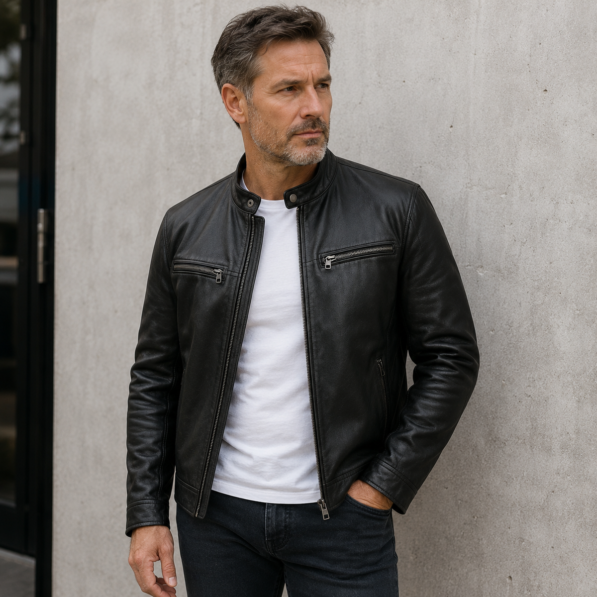 Men's leather jacket featuring a front zipper closure and long sleeves