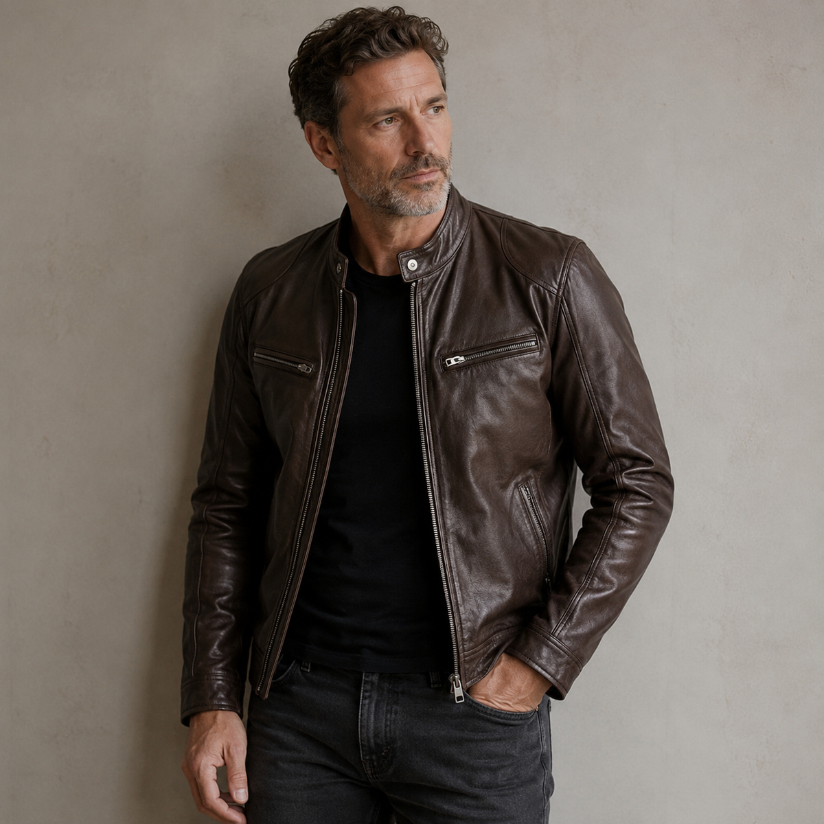 Men's zip-up leather jacket with zippered chest and side pockets