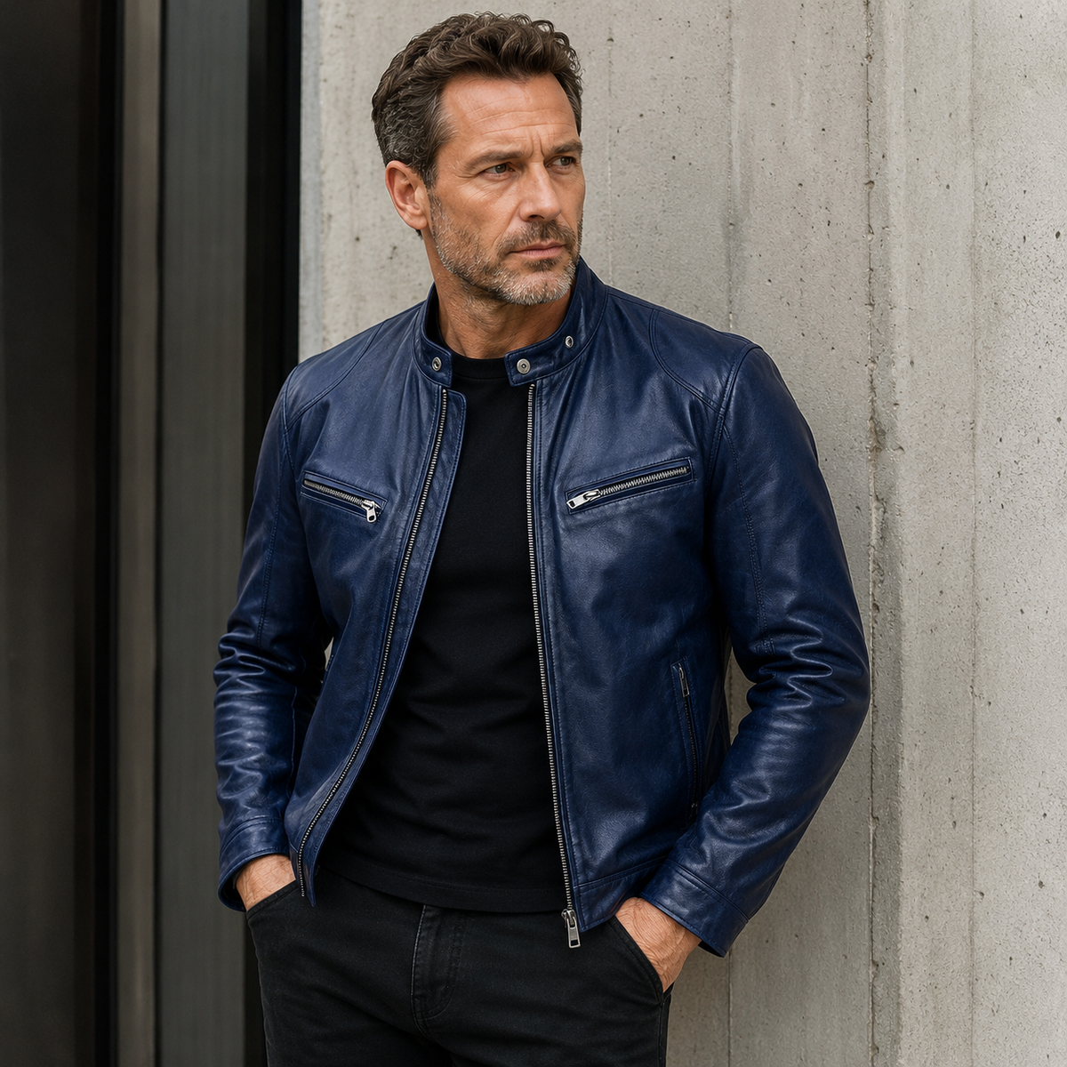 Men's leather jacket with stand-up collar and straight hem
