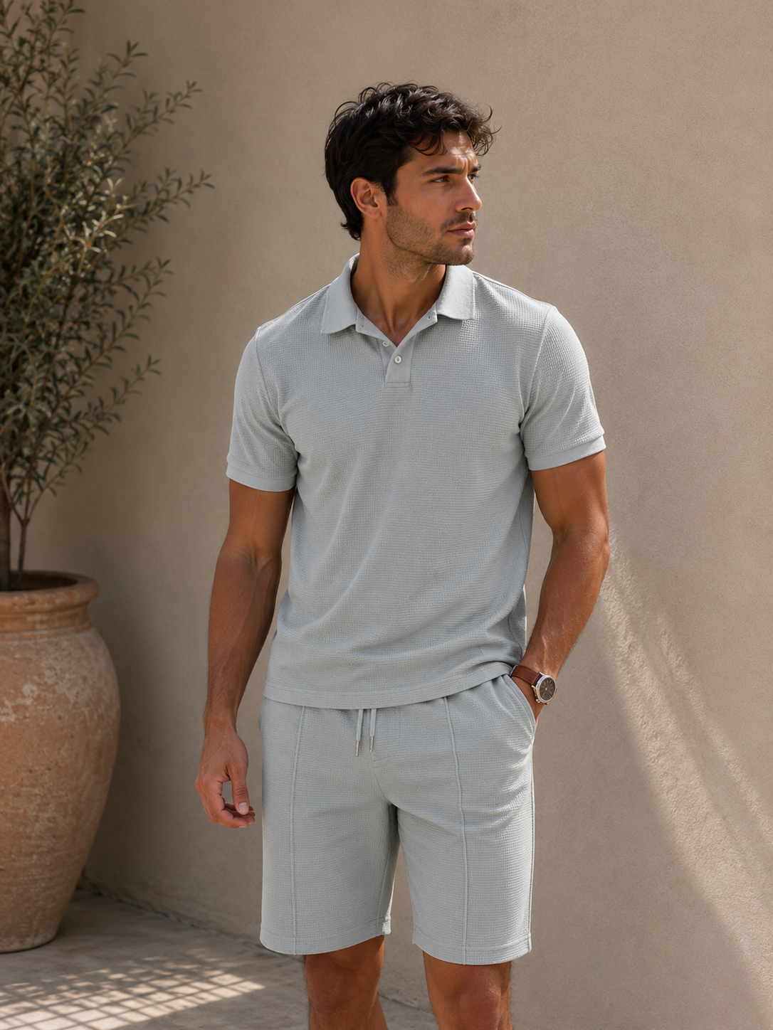 Men's textured polo shirt and shorts set in light grey with relaxed silhouette and matching shorts