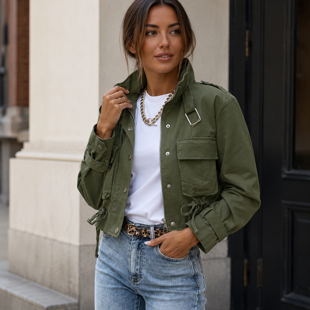 Women's cotton-blend utility jacket with stand-up collar, chest pockets, and zipper front closure