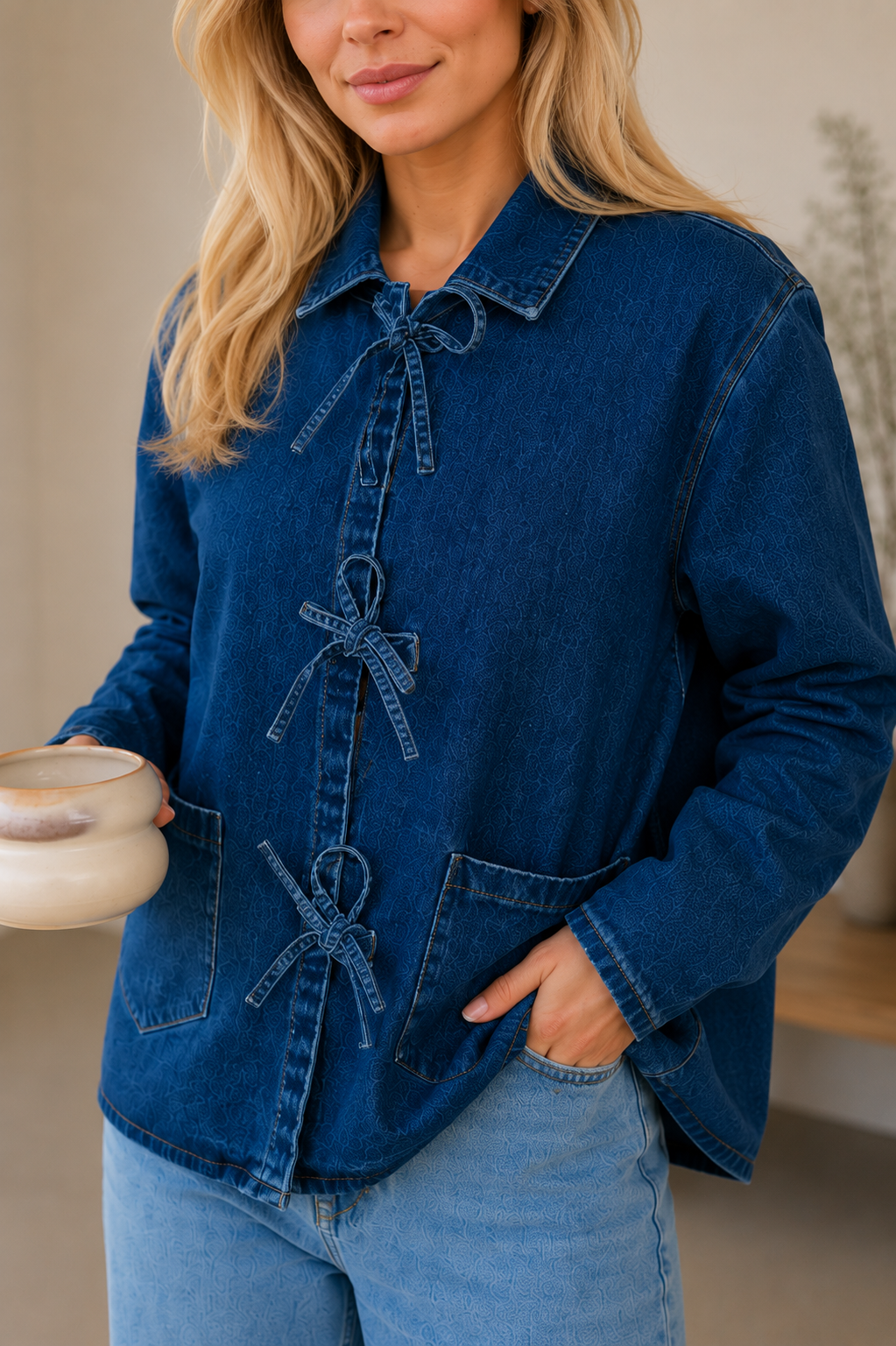 Women's washed denim jacket with front tie closure and patch pockets