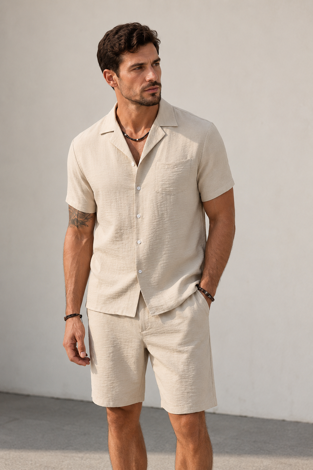 Men's short-sleeved textured shirt and shorts two-piece set with open collar and elastic waistband