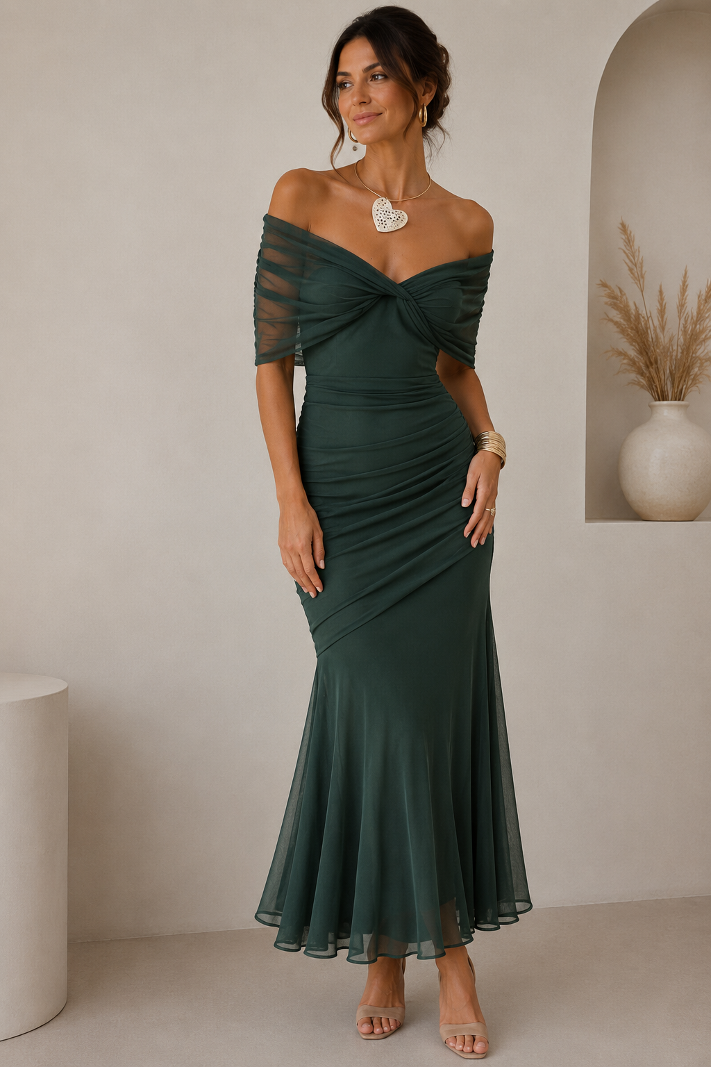 Women's off-shoulder maxi dress with draped bodice and figure-hugging silhouette