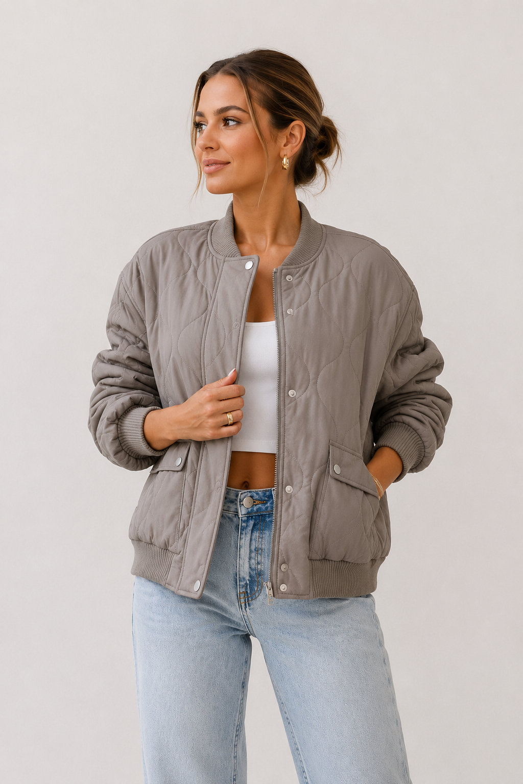 Veste bomber matelassée à boutons-pression, coupe ajustée, pour femme