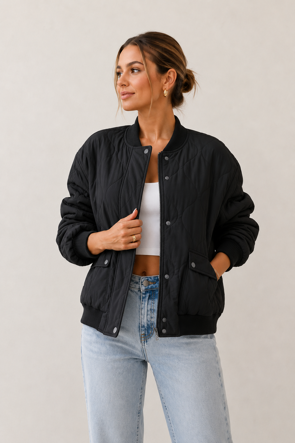 Veste bomber matelassée à boutons-pression, coupe ajustée, pour femme
