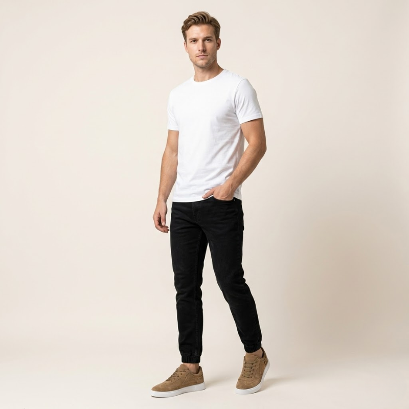 Basket basse homme en suédé, profil latéral, lacets plats, semelle fine