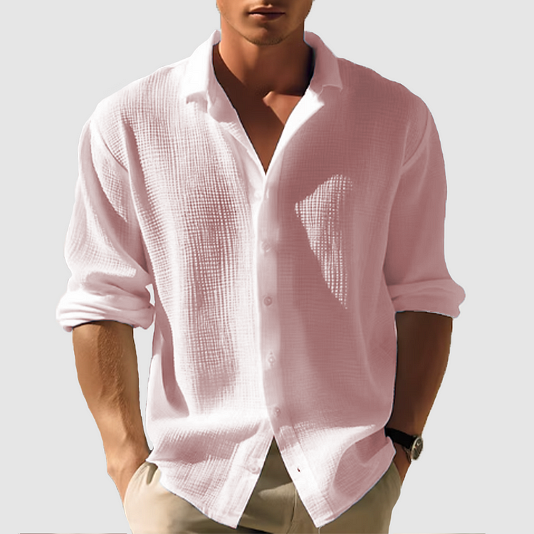 Chemise boutonnée homme, tissu léger texturé, manches longues, ourlet arrondi