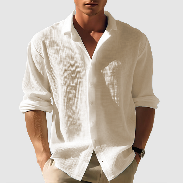 Chemise homme à boutons, tissu léger, manches longues retroussables, coupe droite