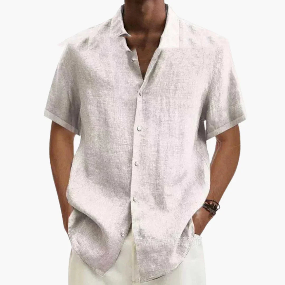 Chemise homme manches courtes, tissu effet lin, col structuré, coupe ample
