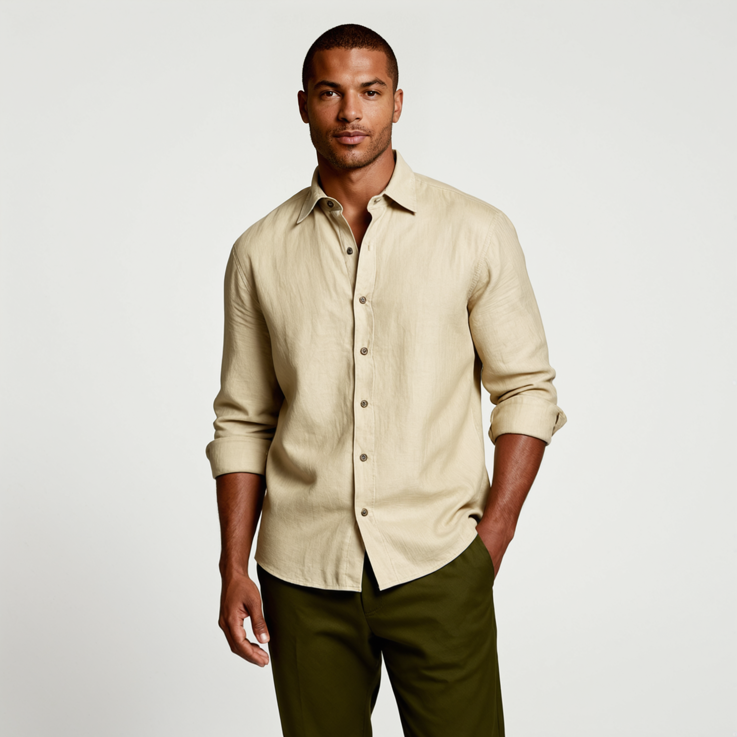 Chemise en lin légère à col classique et manches longues pour homme