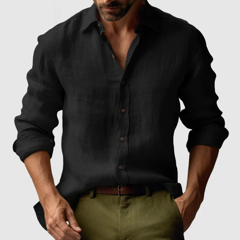 Chemise en lin à manches longues repliées, col ouvert, homme
