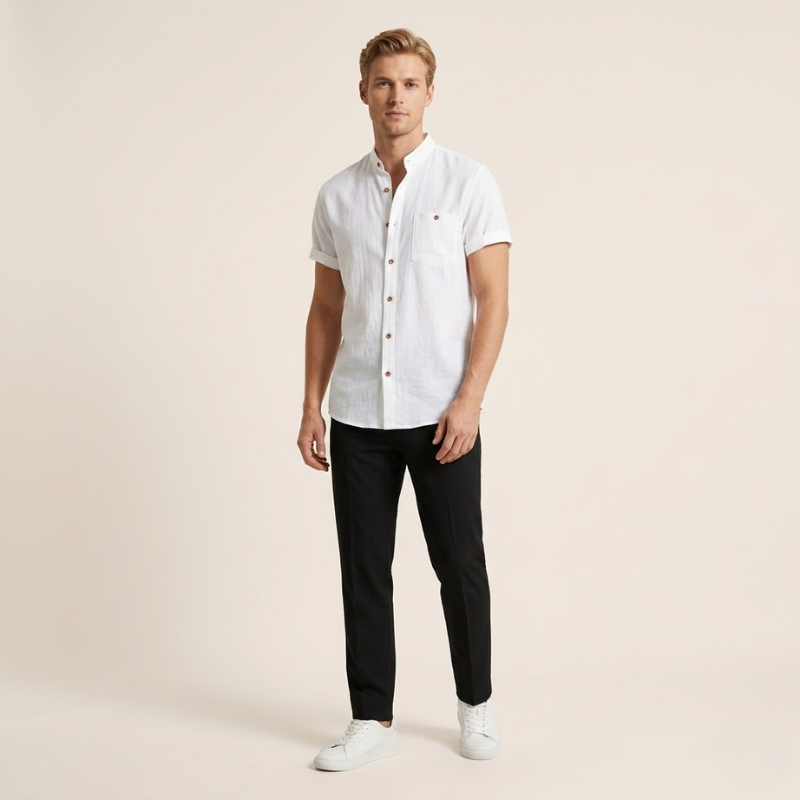 Chemise homme en lin, col officier, coupe droite, manches courtes