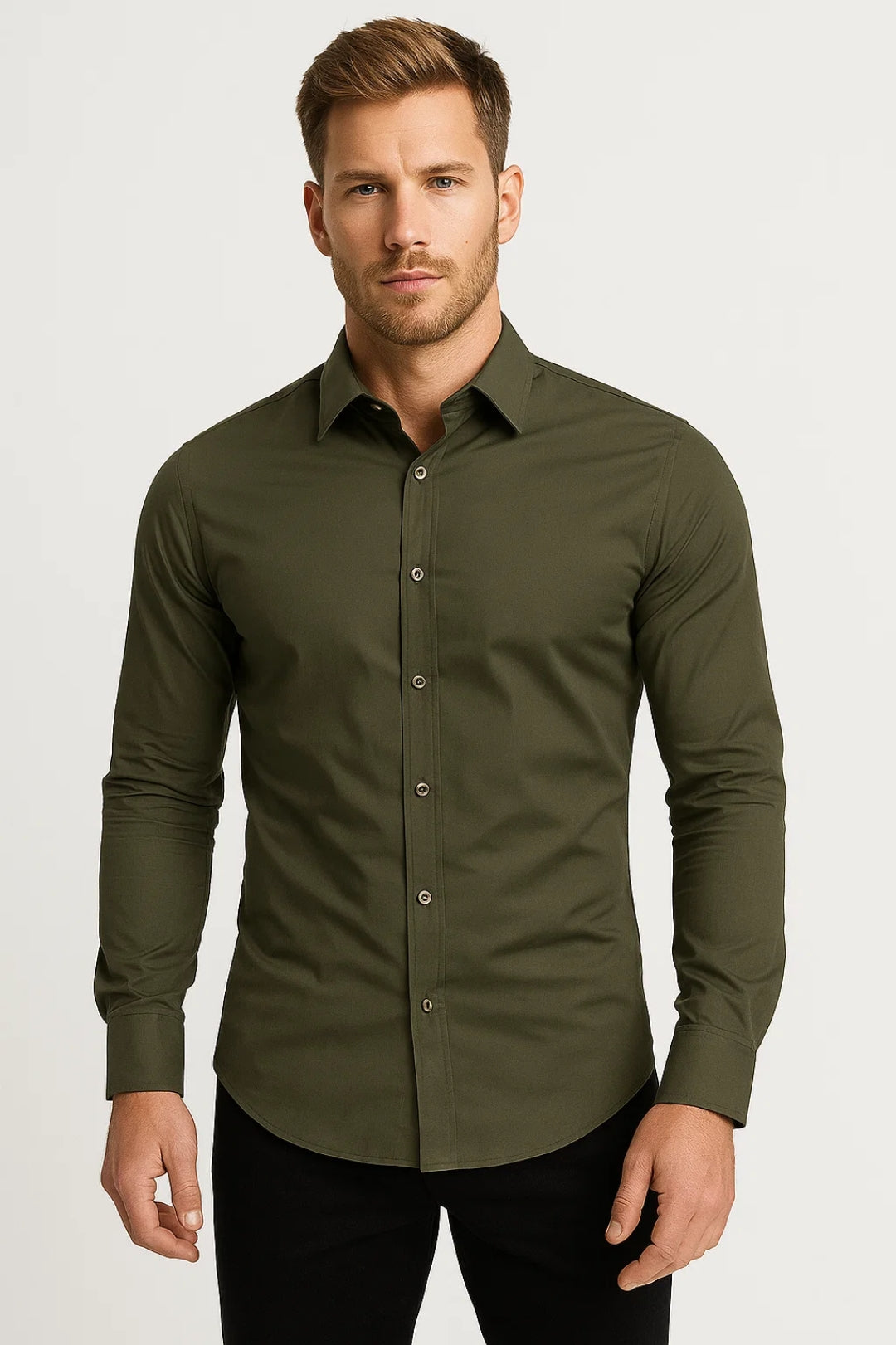 Chemise en tissu stretch, coupe ajustée, col boutonné, manches longues, pour homme