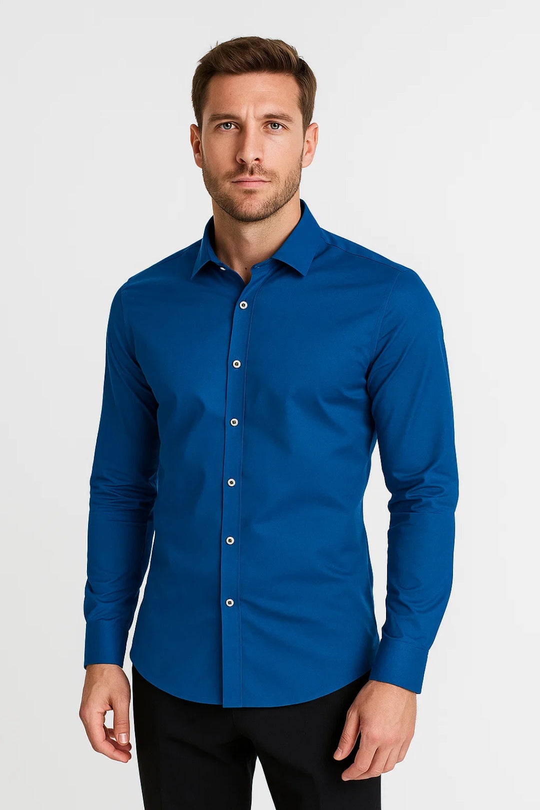 Chemise homme en tissu stretch, coupe ajustée, dos droit, manches longues