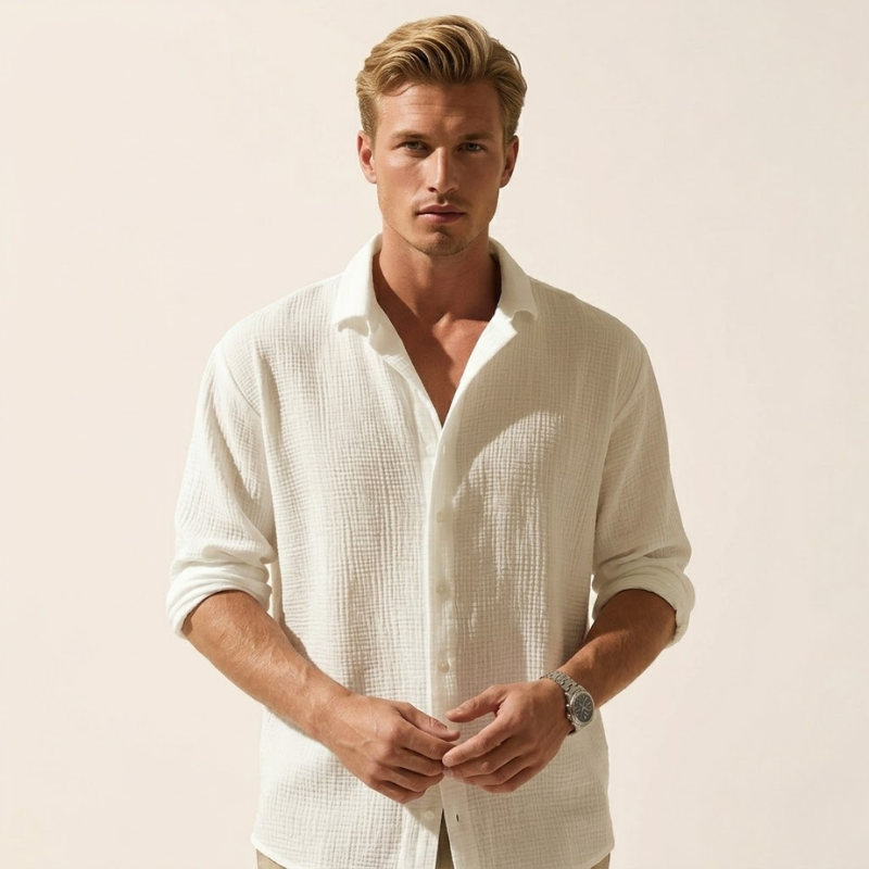 Chemise en coton texturé à manches longues et col classique pour homme