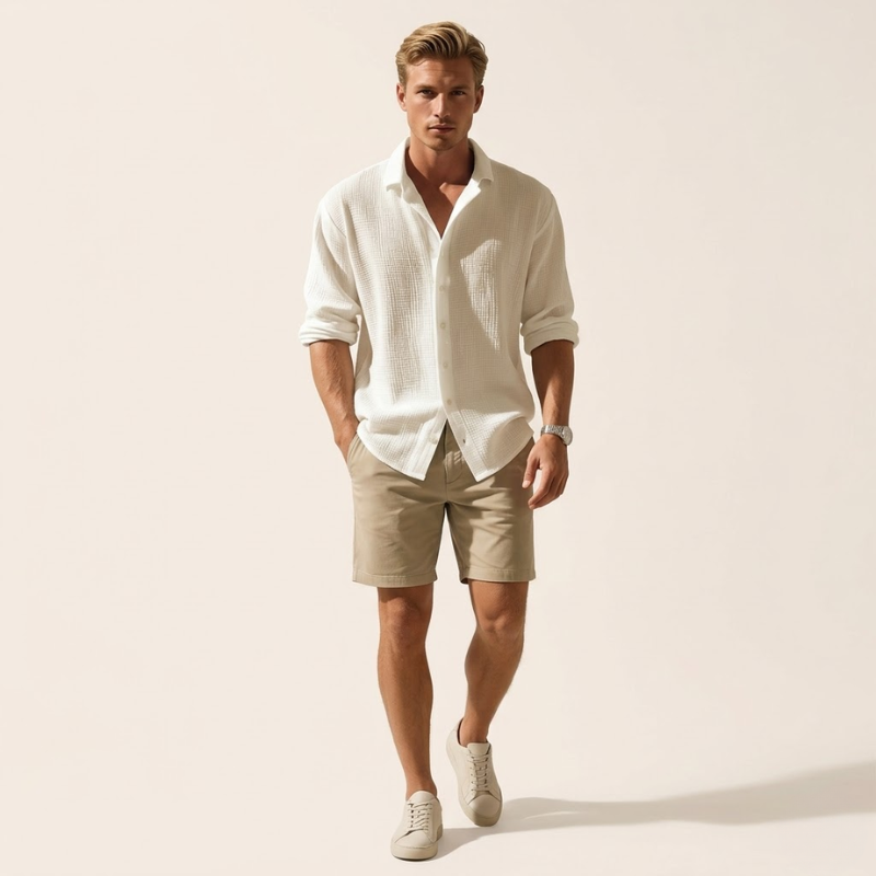 Chemise tissée à manches longues avec boutonnage central, coupe droite homme