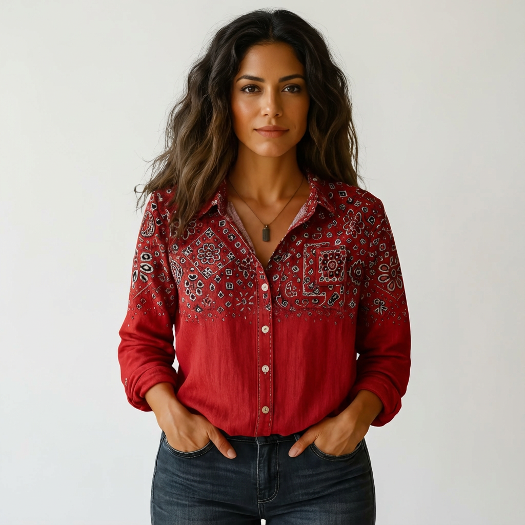Chemise légère à motifs botaniques, fermeture boutonnée, manches longues, coupe droite, femme