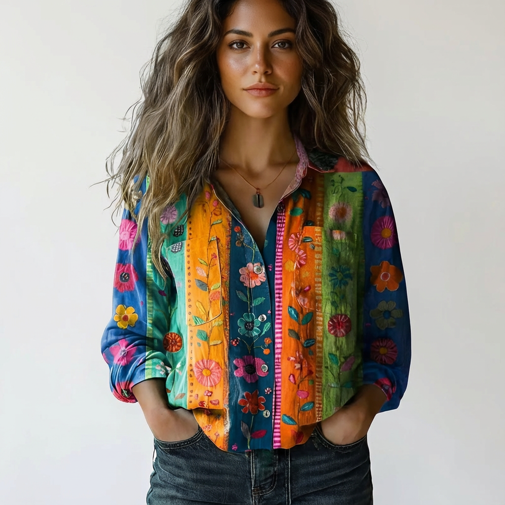 Chemise imprimée à manches longues, col chemisier, boutonnage central, coupe relax, femme