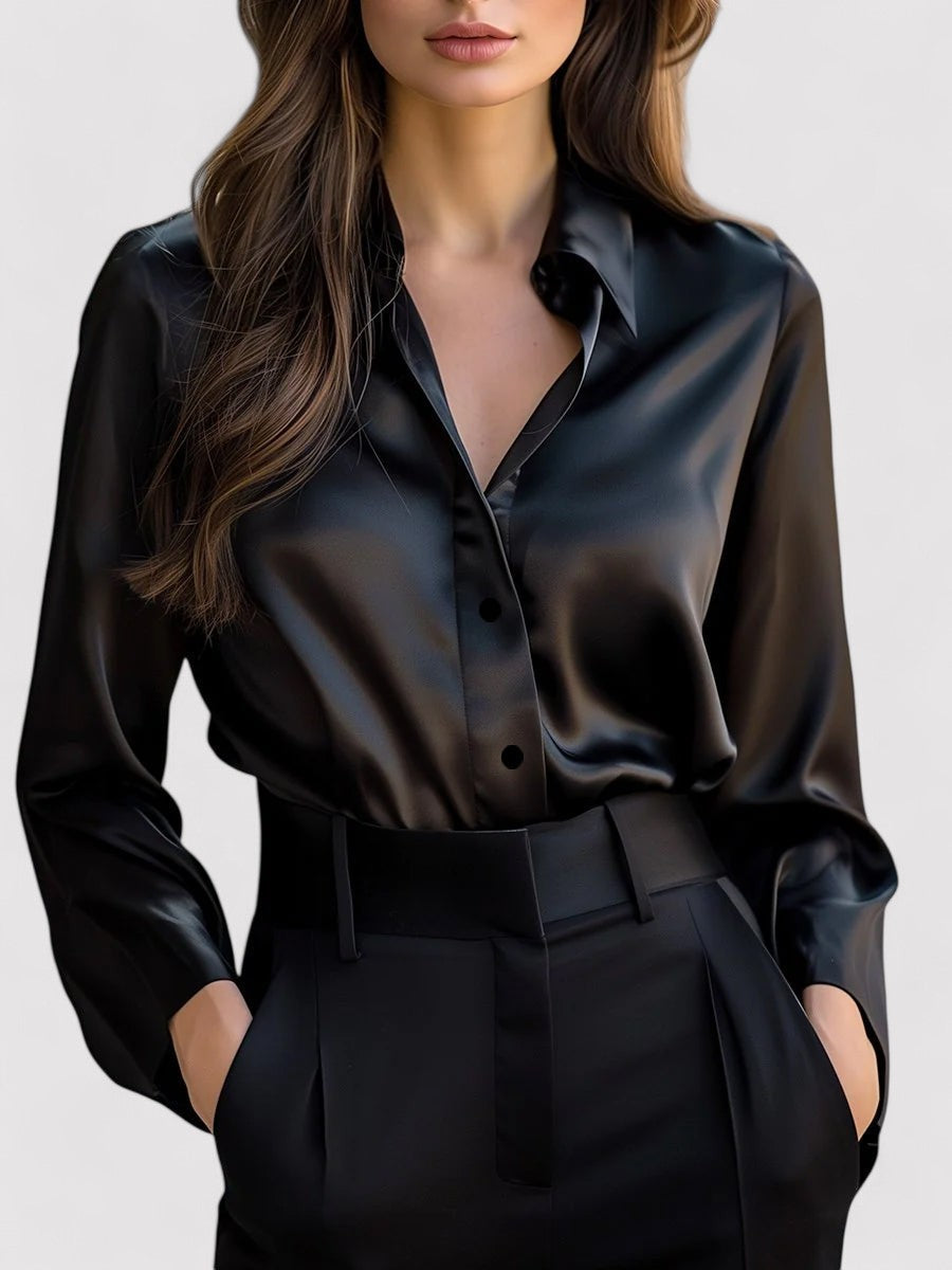 Chemisier en satin à manches longues, col boutonné, coupe ajustée pour femme