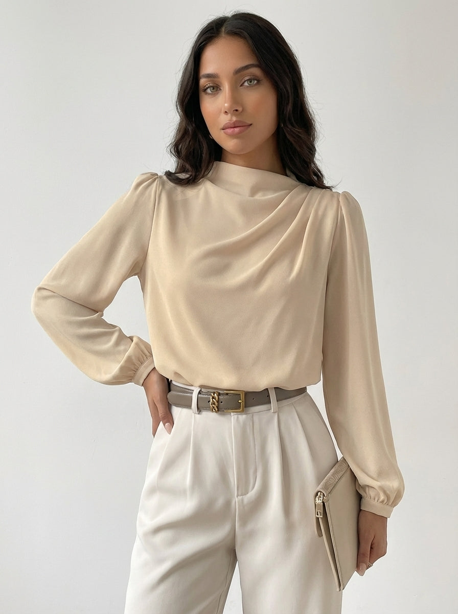 Blouse en tissu léger à col montant drapé, manches longues, coupe ample pour femme