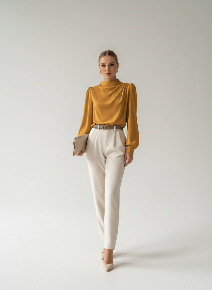 Tissu léger à finition lisse, blouse col montant à manches longues, coupe décontractée femme
