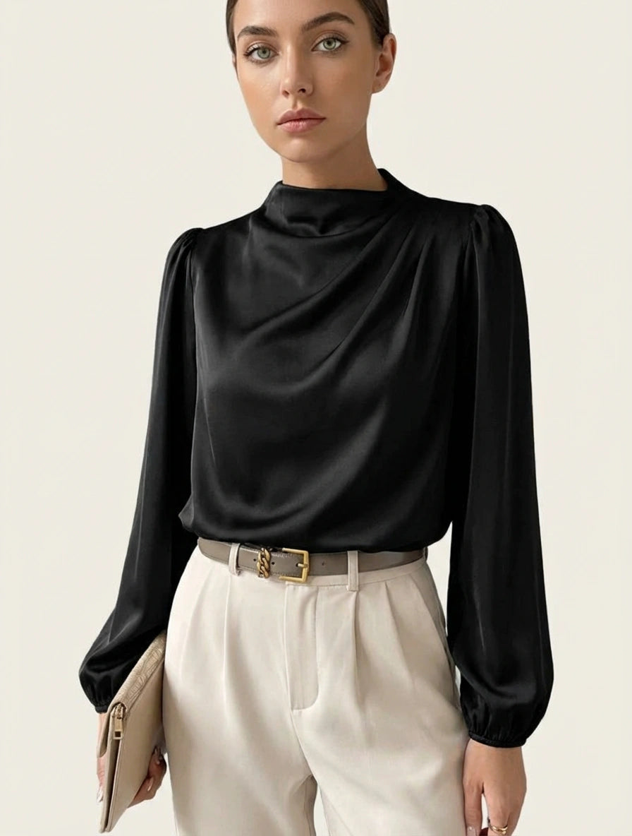 Blouse fluide à encolure haute, manches longues froncées, silhouette ample et décontractée