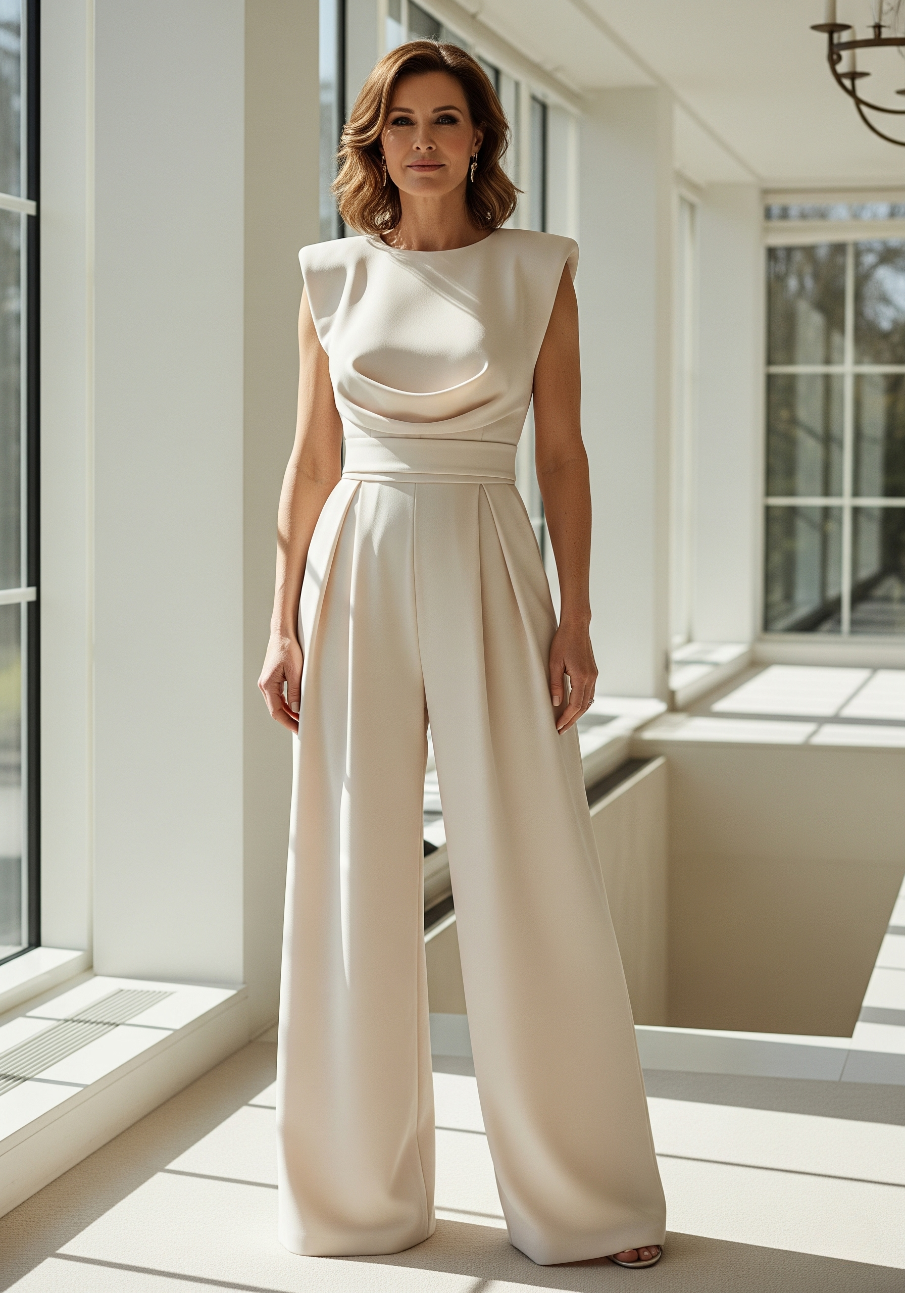 Combinaison femme sans manches à jambes larges et col drapé, coupe fluide