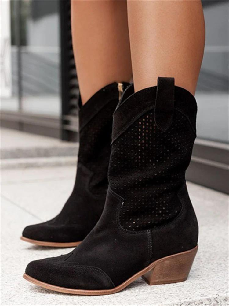 Women's short ankle boots with perforated upper and block heel, front angle view