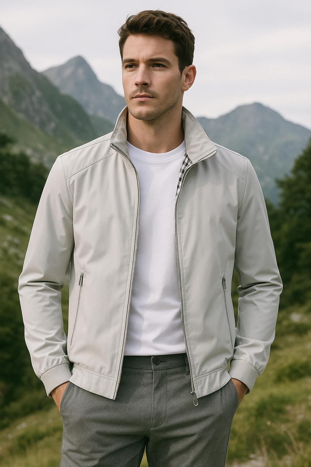 Veste légère à tissu lisse structuré, col montant et coupe casual homme
